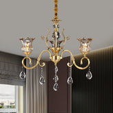 Lámpara colgante vintage de latón con forma de campana y bombillas de cristal transparente, elegante lámpara de araña con brazo de desplazamiento, gota de cristal
